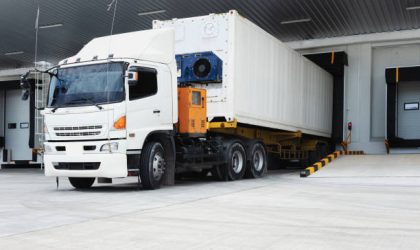 Refrigerator Truck Freezing Food. Transporting goods in the loading goods of the freezing warehouse. Storage for Ready-made foods or Ready-to-Eat Foods. Export-Import Logistics system concept.