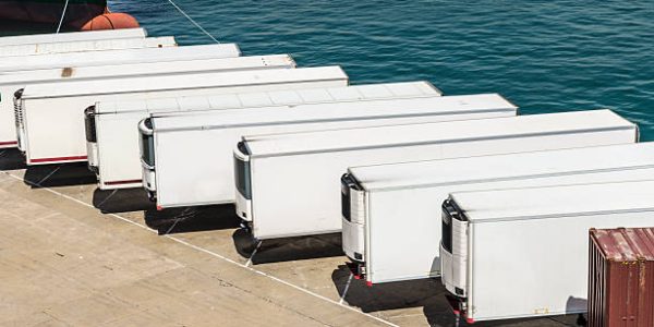 Reefer containers waiting to board at the port of Barcelona, Catalonia, Spain